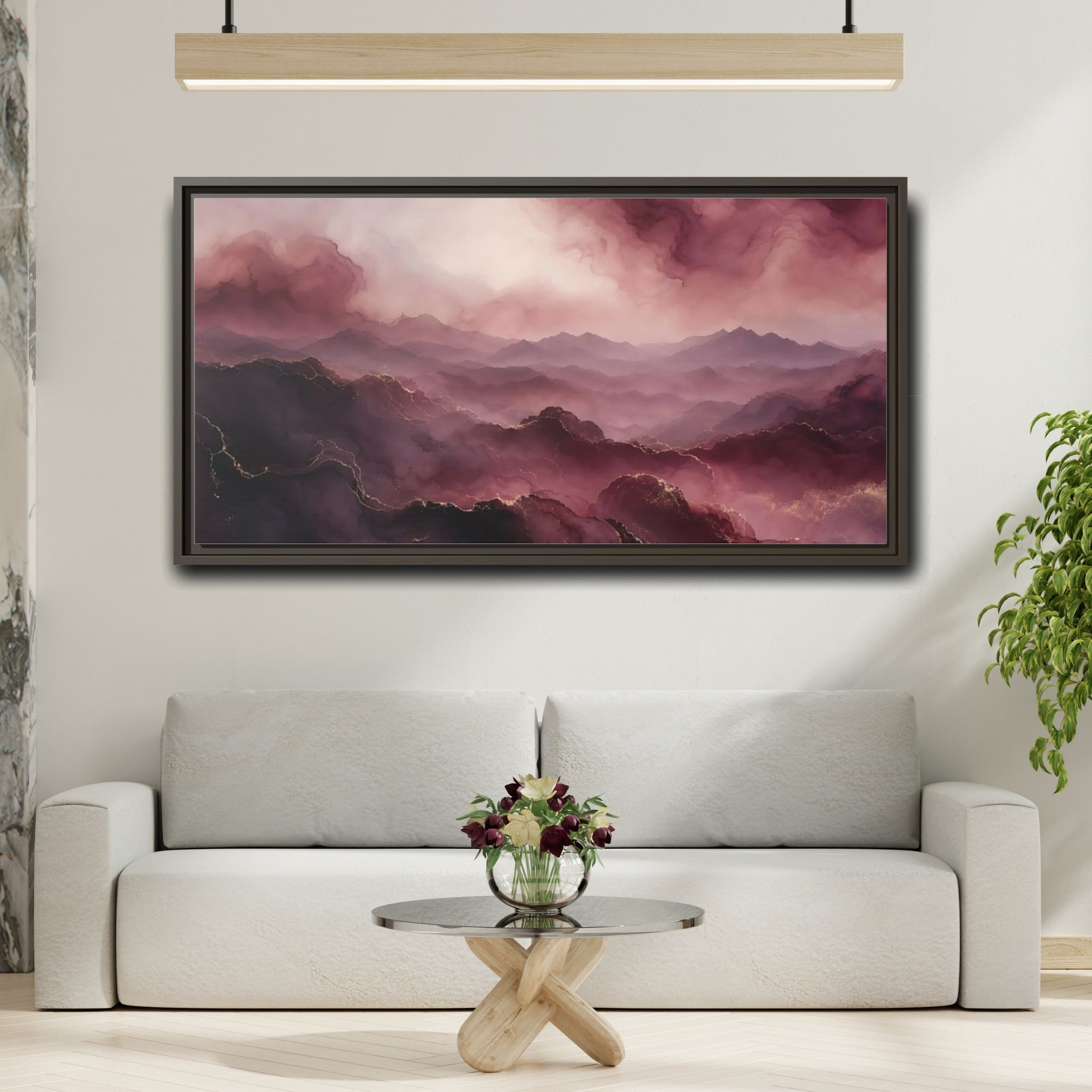 Mockup 2. Nature Mountains Pink And Gold shown as stretched canvas wall art