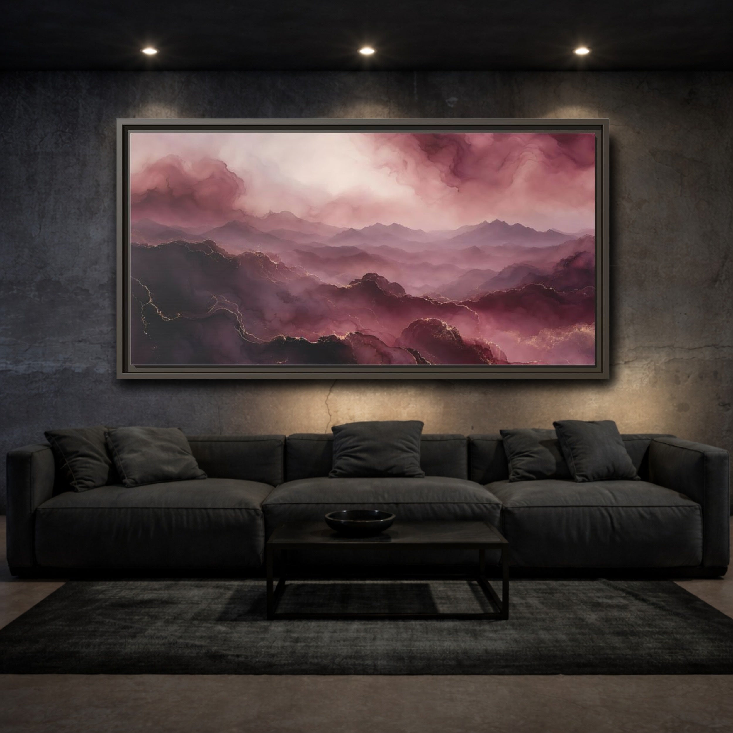 Mockup 3. Nature Mountains Pink And Gold shown as stretched canvas wall art