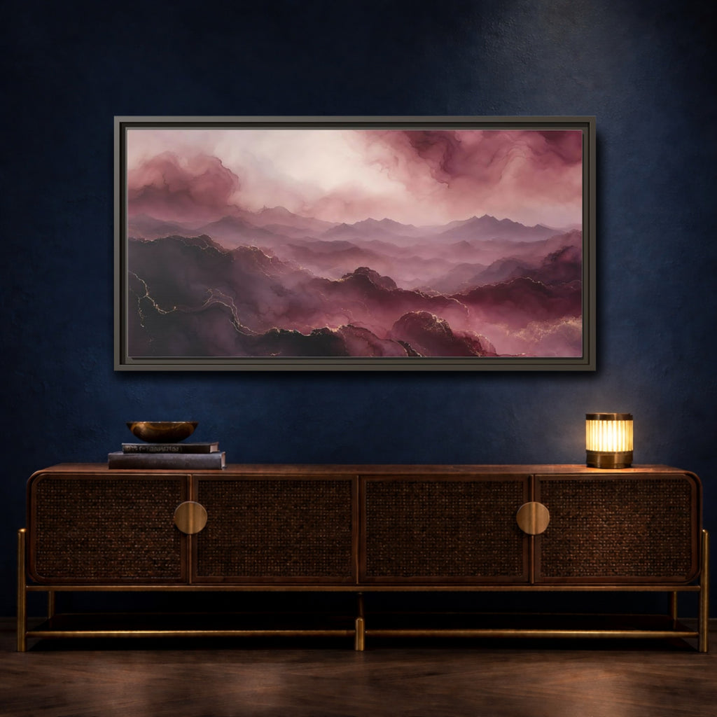 Mockup 4. Nature Mountains Pink And Gold shown as stretched canvas wall art