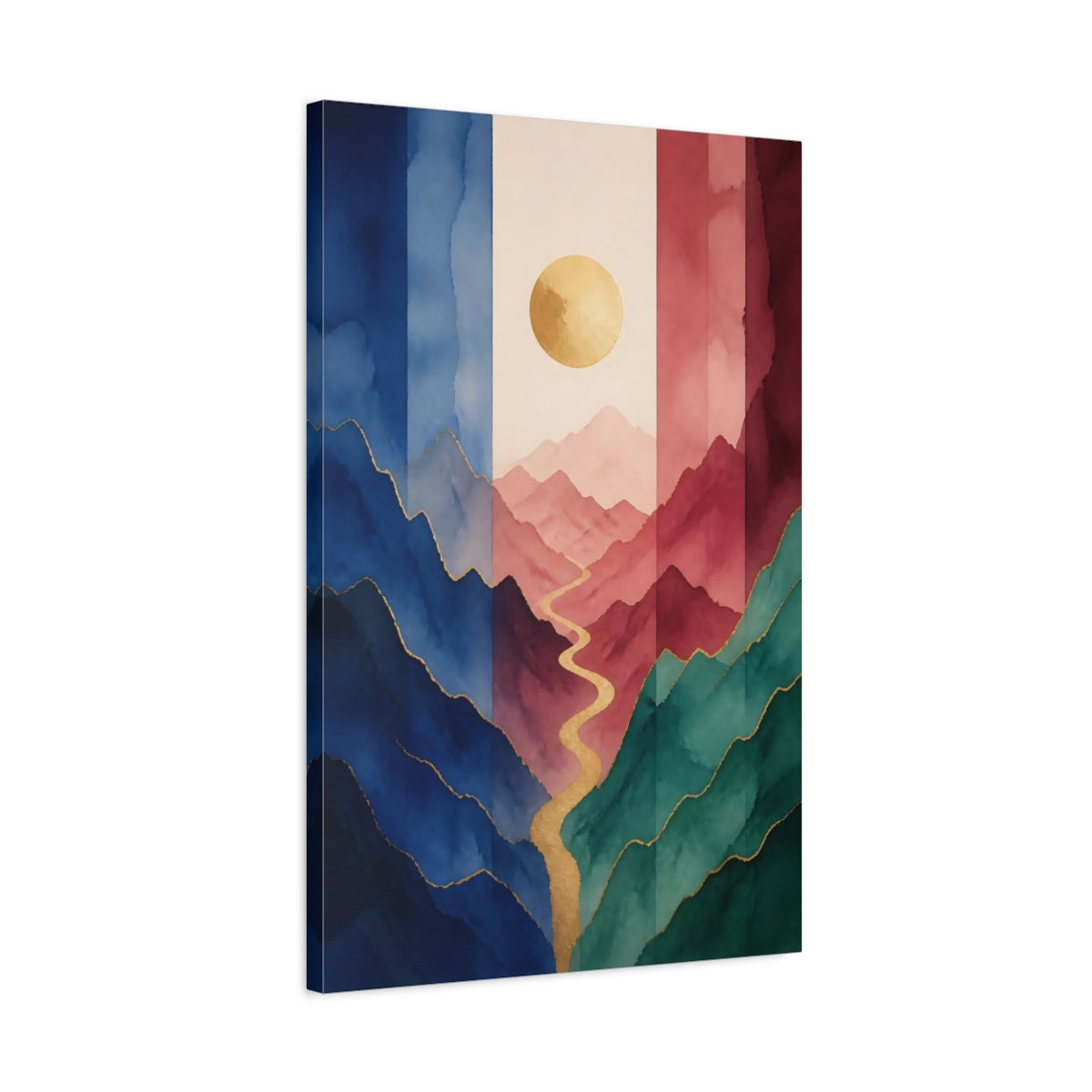 Side Mockup 2. Nature Mountains Watercolor Mountain Gold shown as stretched canvas wall art