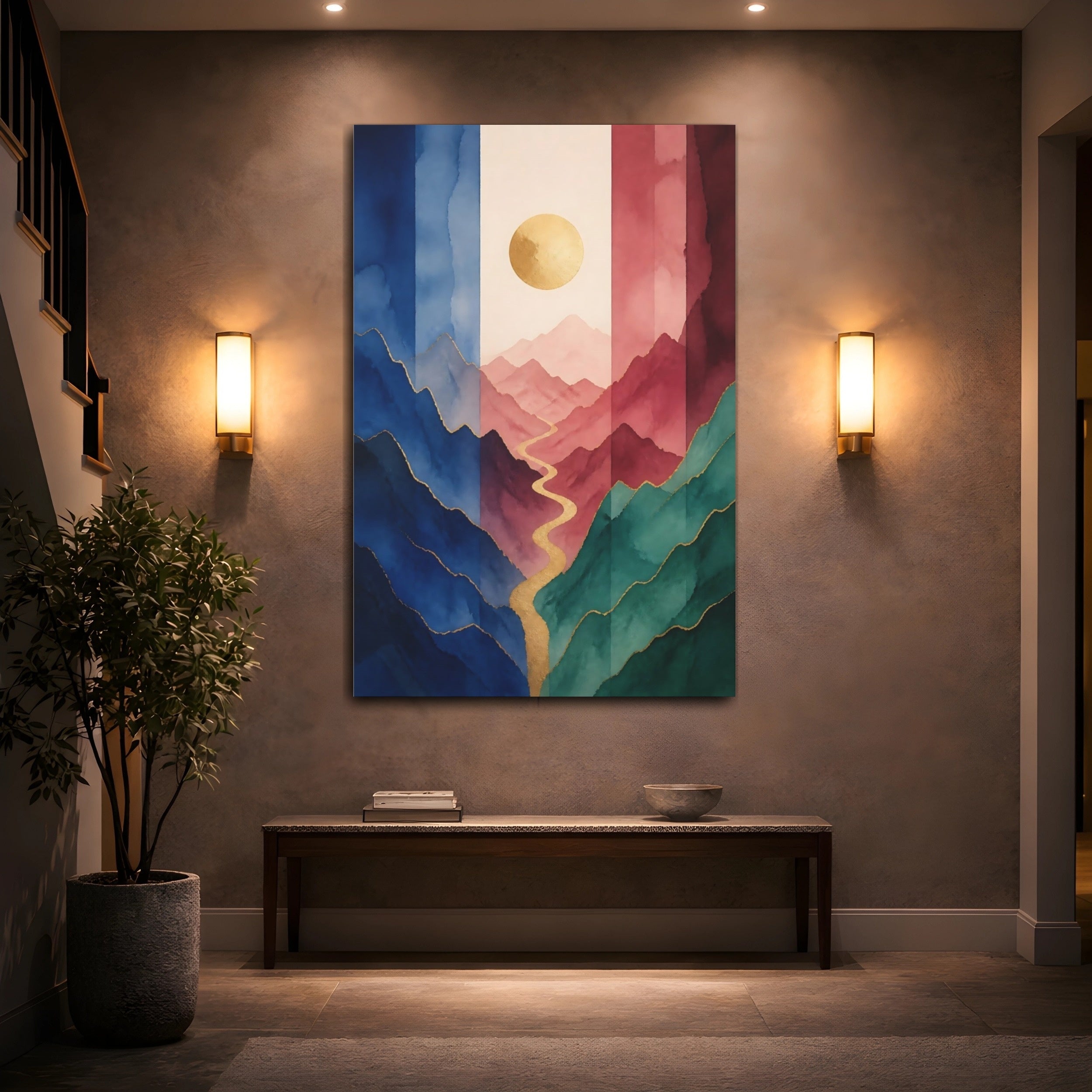 Mockup 2. Nature Mountains Watercolor Mountain Gold shown as stretched canvas wall art