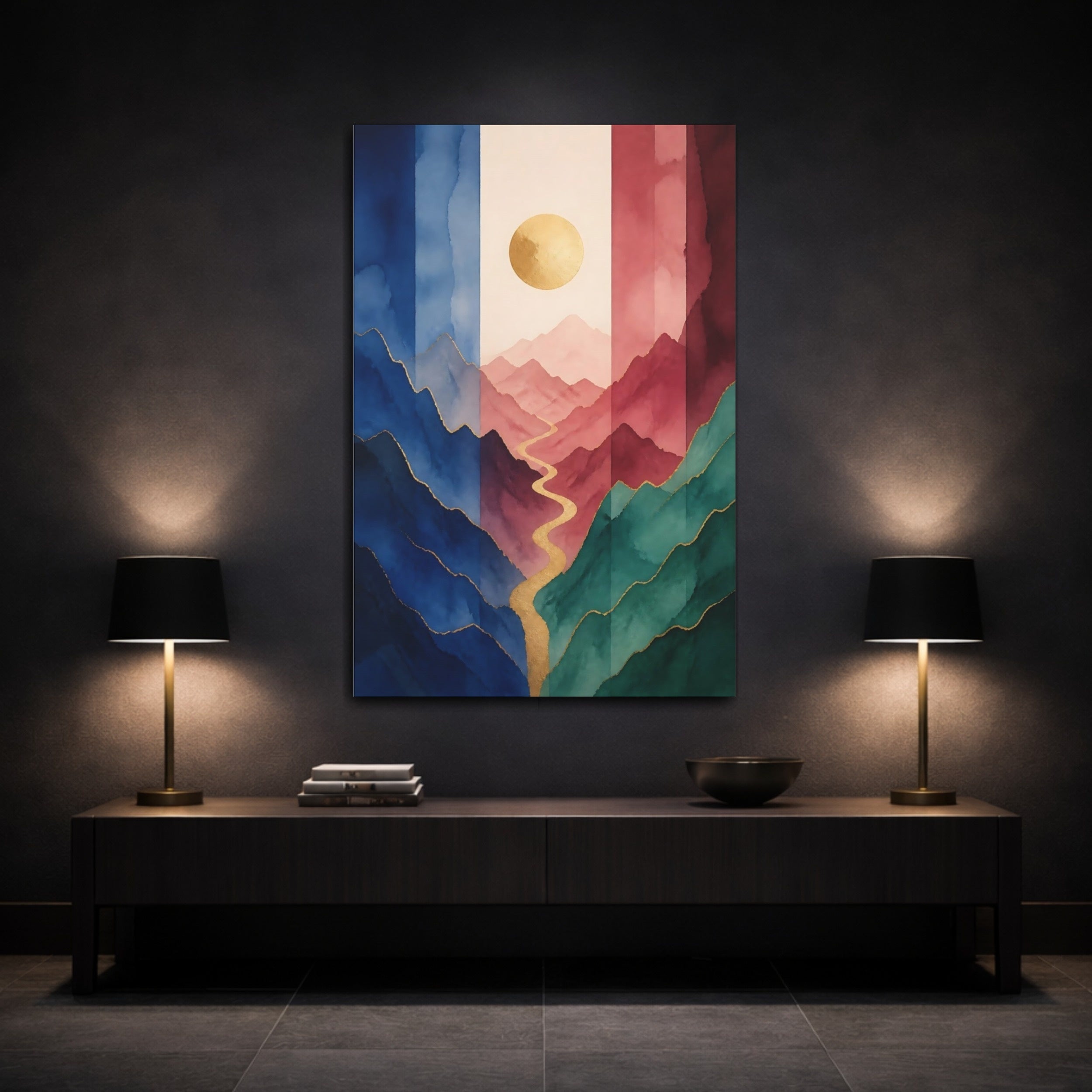 Mockup 3. Nature Mountains Watercolor Mountain Gold shown as stretched canvas wall art