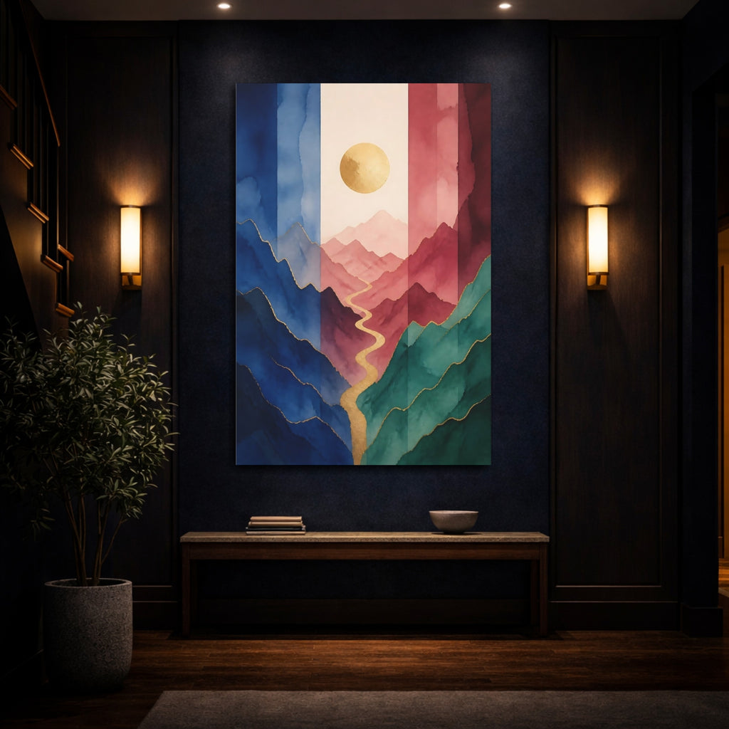 Mockup 4. Nature Mountains Watercolor Mountain Gold shown as stretched canvas wall art