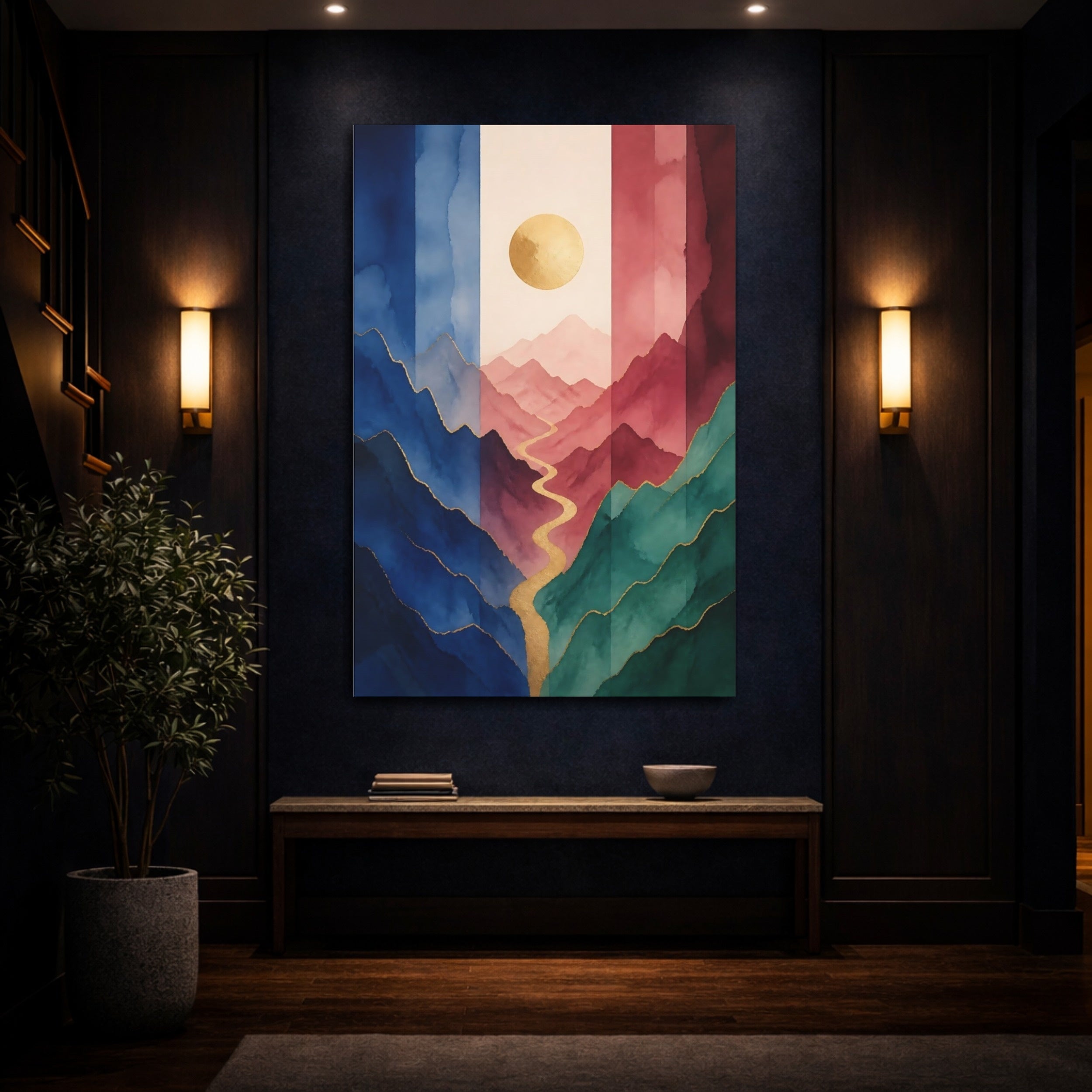 Mockup 4. Nature Mountains Watercolor Mountain Gold shown as stretched canvas wall art