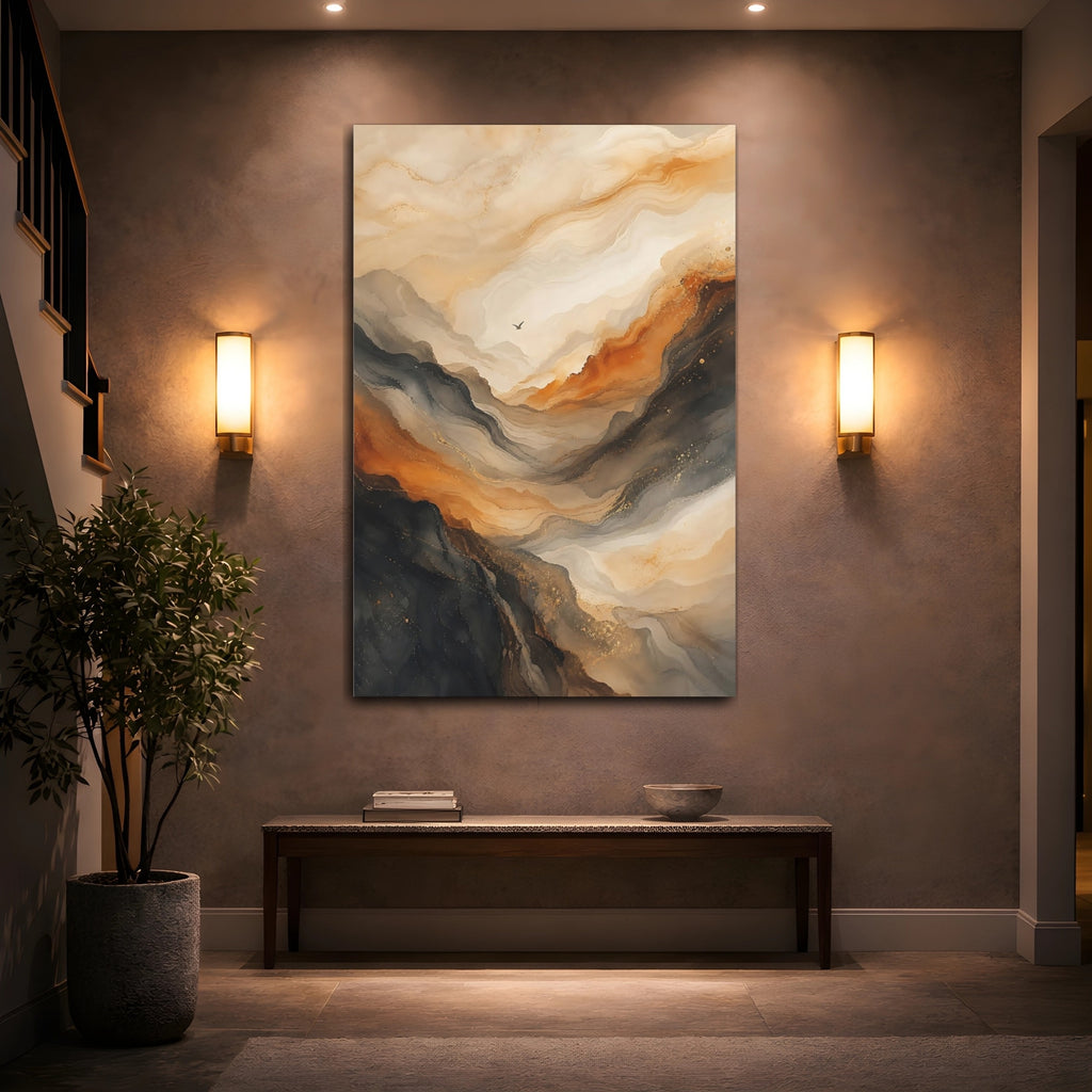 Mockup 2. Nature Mountainscape Earthy Gold shown as stretched canvas wall art