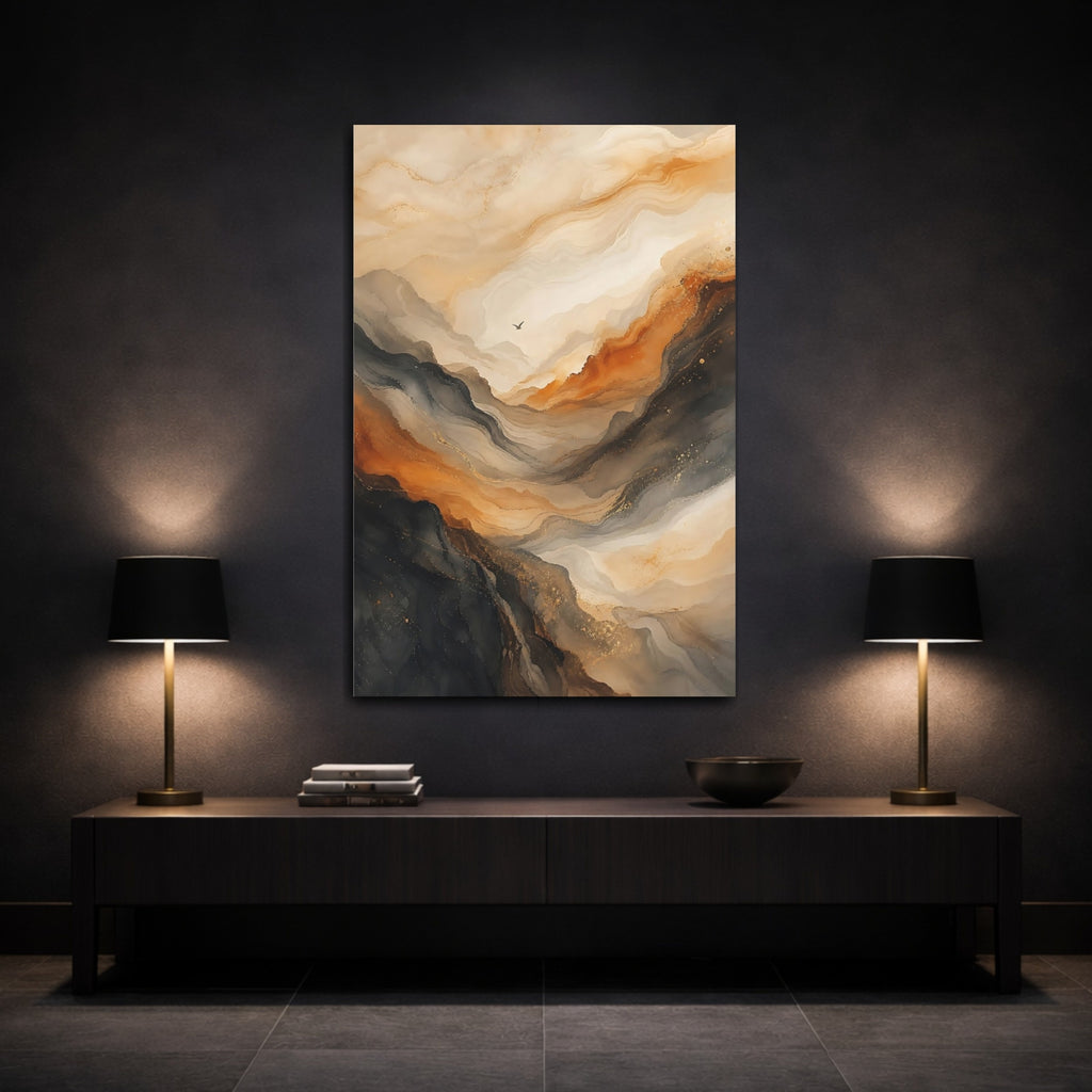 Mockup 3. Nature Mountainscape Earthy Gold shown as stretched canvas wall art
