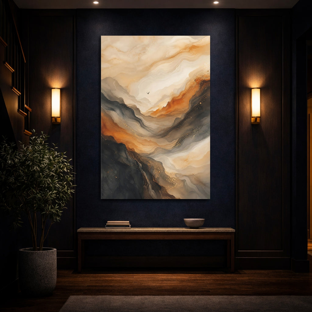 Mockup 4. Nature Mountainscape Earthy Gold shown as stretched canvas wall art