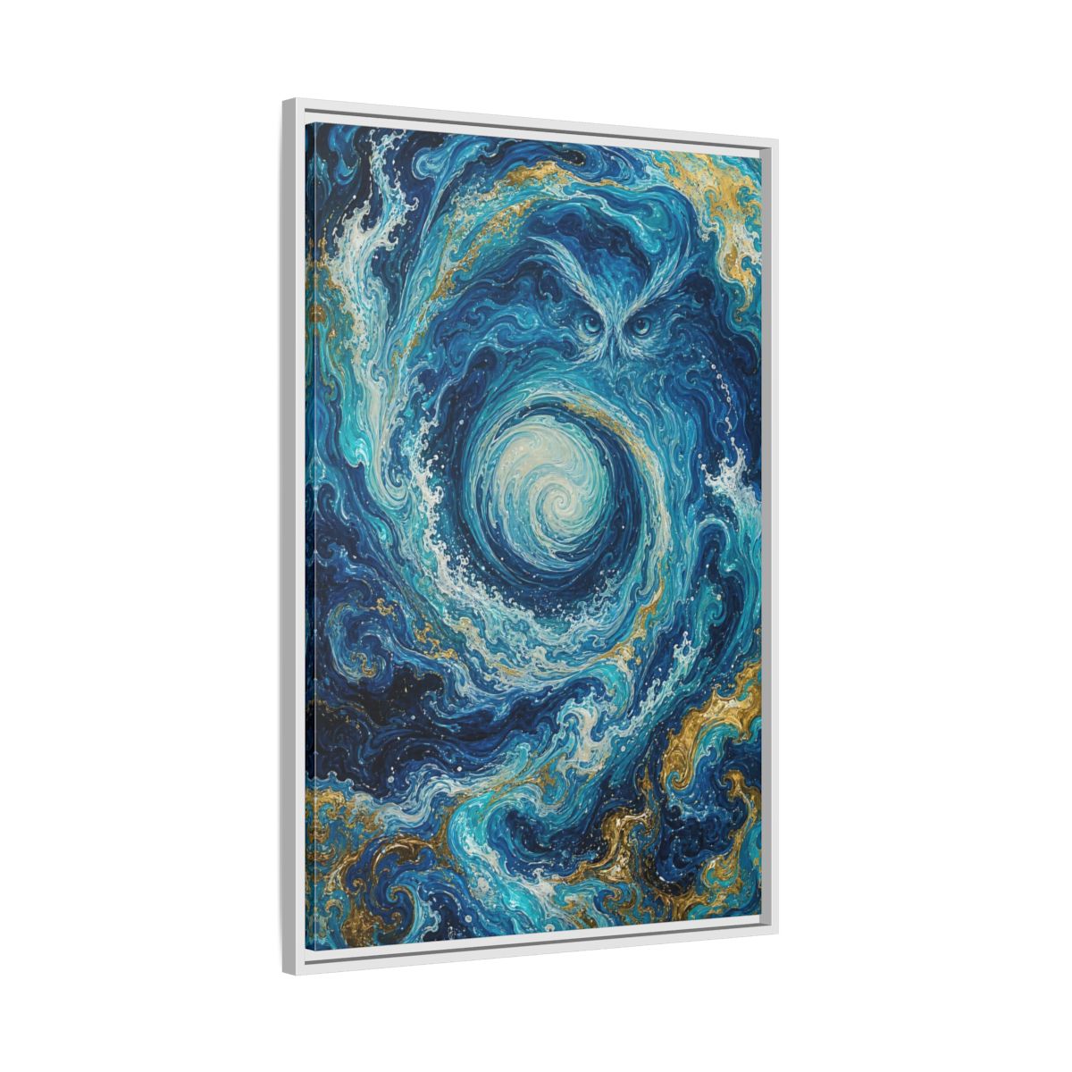 Side Mockup 9. Nature Mystical Owl Blue And Gold Owl shown as stretched canvas wall art