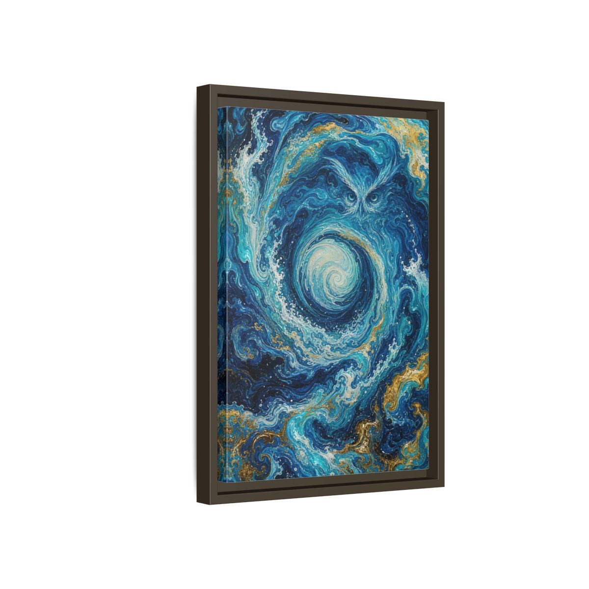 Side Mockup 5. Nature Mystical Owl Blue And Gold Owl shown as stretched canvas wall art