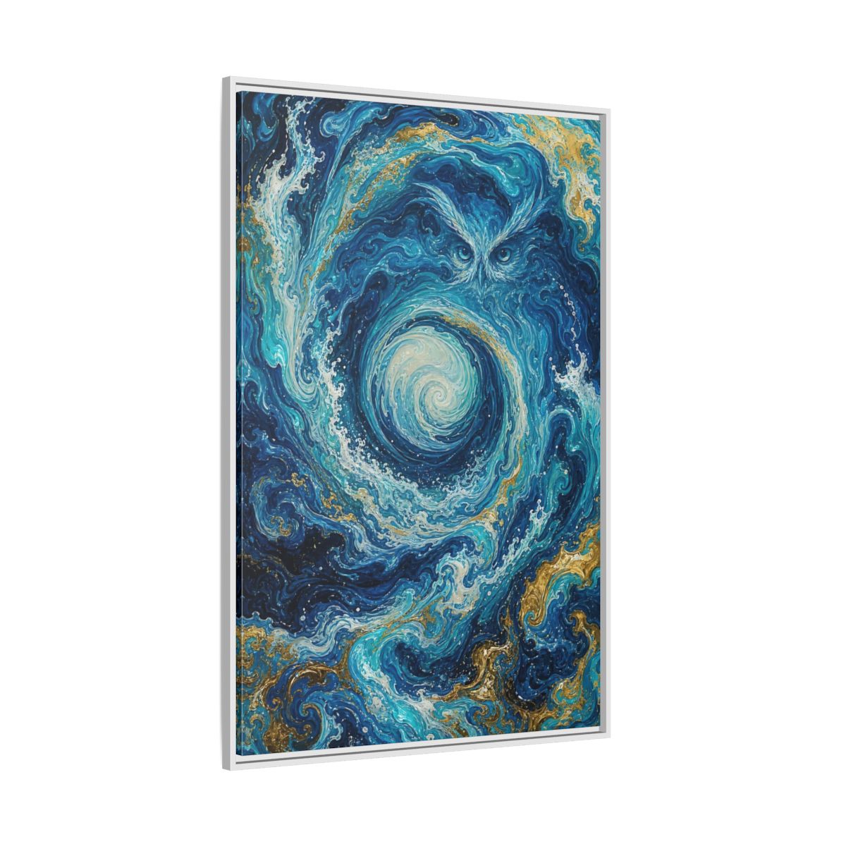 Side Mockup 7. Nature Mystical Owl Blue And Gold Owl shown as stretched canvas wall art