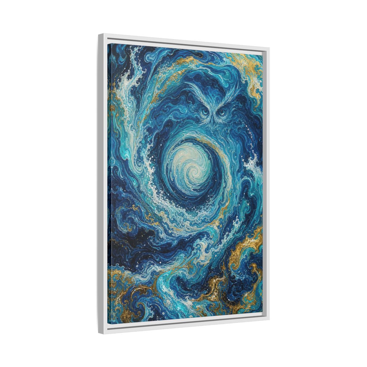 Side Mockup 10. Nature Mystical Owl Blue And Gold Owl shown as stretched canvas wall art