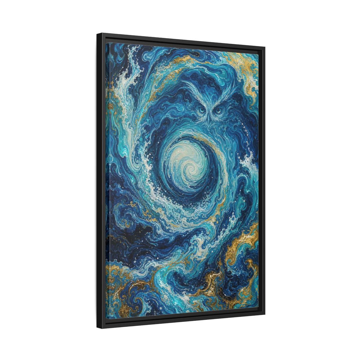 Side Mockup 14. Nature Mystical Owl Blue And Gold Owl shown as stretched canvas wall art