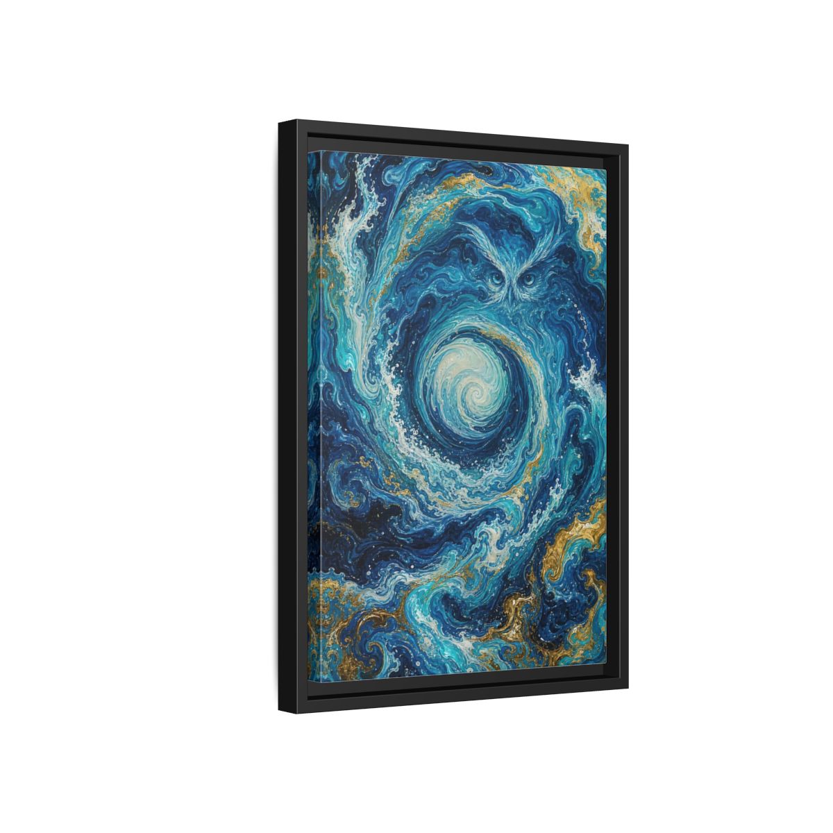 Side Mockup 6. Nature Mystical Owl Blue And Gold Owl shown as stretched canvas wall art