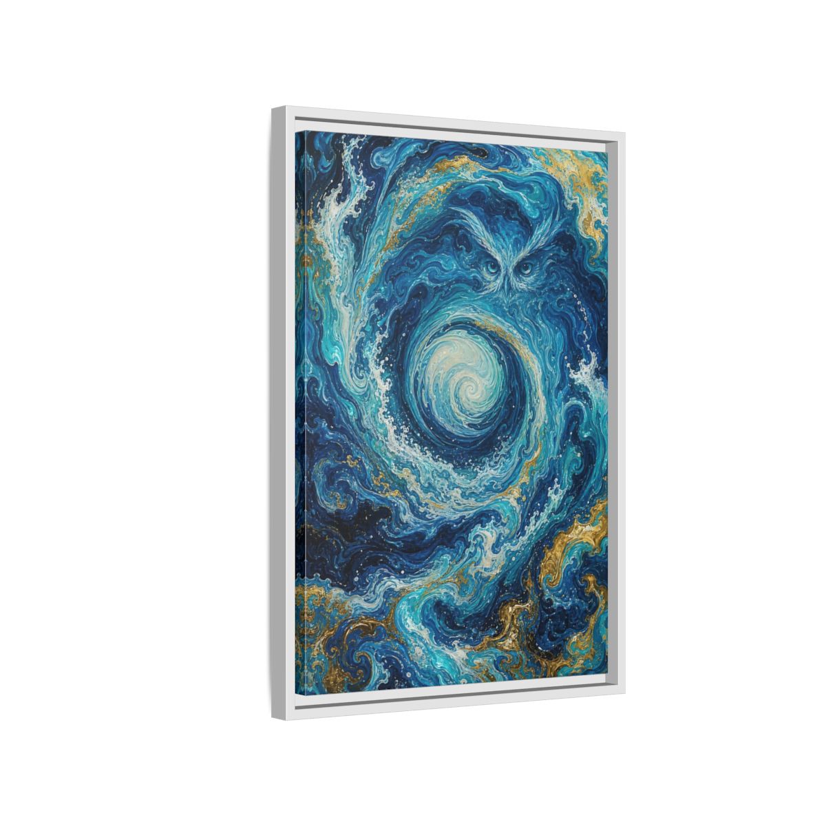 Side Mockup 1. Nature Mystical Owl Blue And Gold Owl shown as stretched canvas wall art
