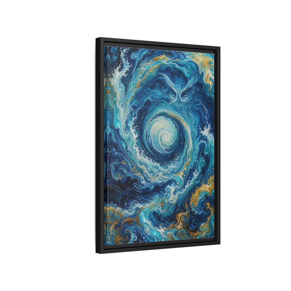 Side Mockup 3. Nature Mystical Owl Blue And Gold Owl shown as stretched canvas wall art