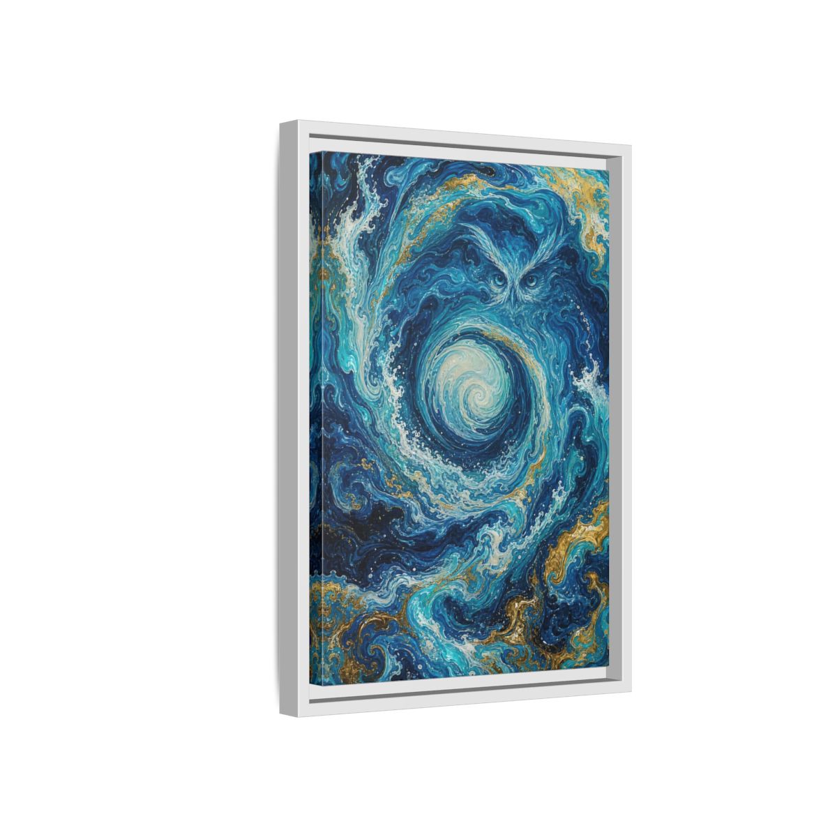 Side Mockup 4. Nature Mystical Owl Blue And Gold Owl shown as stretched canvas wall art