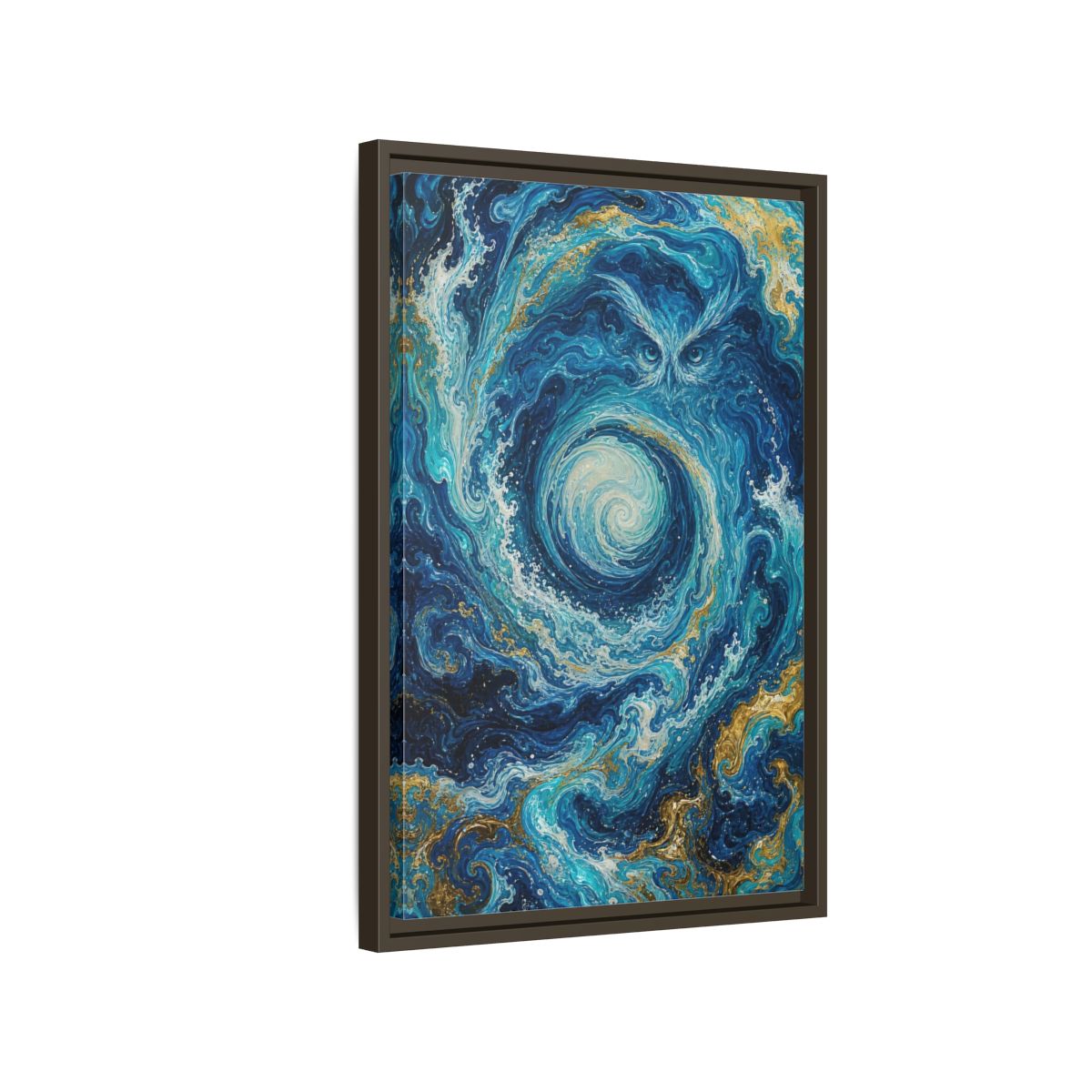 Side Mockup 2. Nature Mystical Owl Blue And Gold Owl shown as stretched canvas wall art