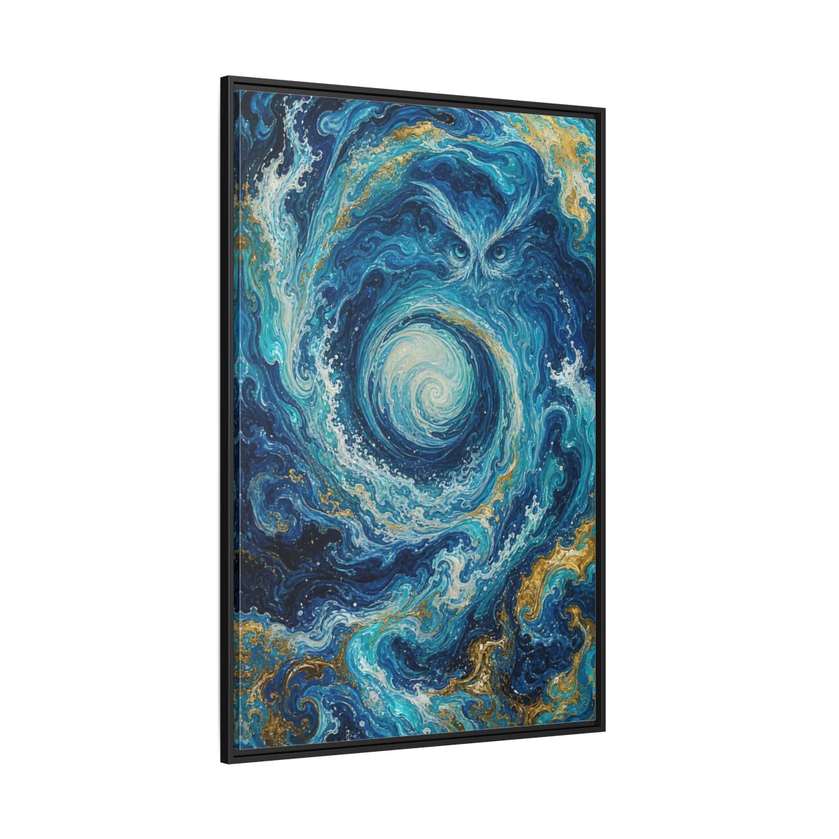 Side Mockup 12. Nature Mystical Owl Blue And Gold Owl shown as stretched canvas wall art