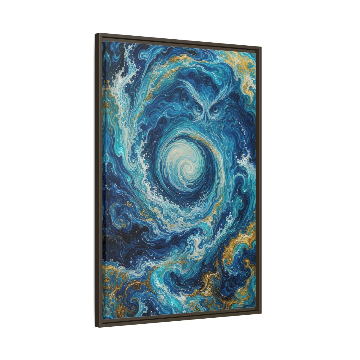 Main Mockup. Nature Mystical Owl Blue And Gold Owl shown as stretched canvas wall art