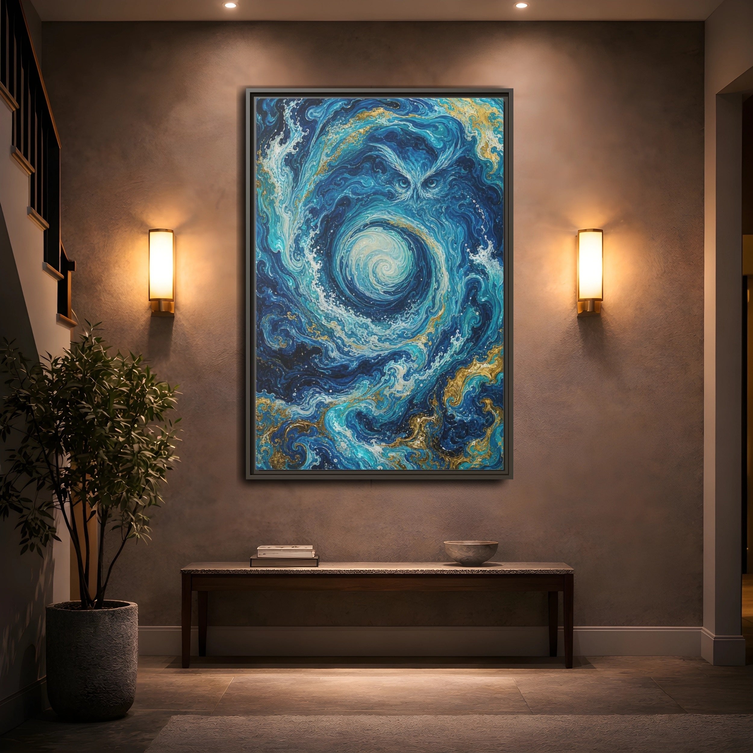 Mockup 2. Nature Mystical Owl Blue And Gold Owl shown as stretched canvas wall art