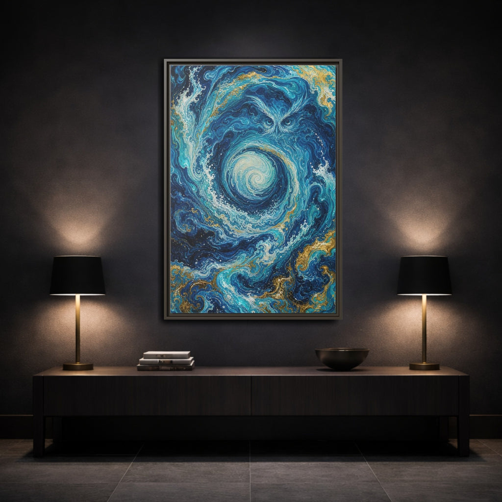 Mockup 3. Nature Mystical Owl Blue And Gold Owl shown as stretched canvas wall art