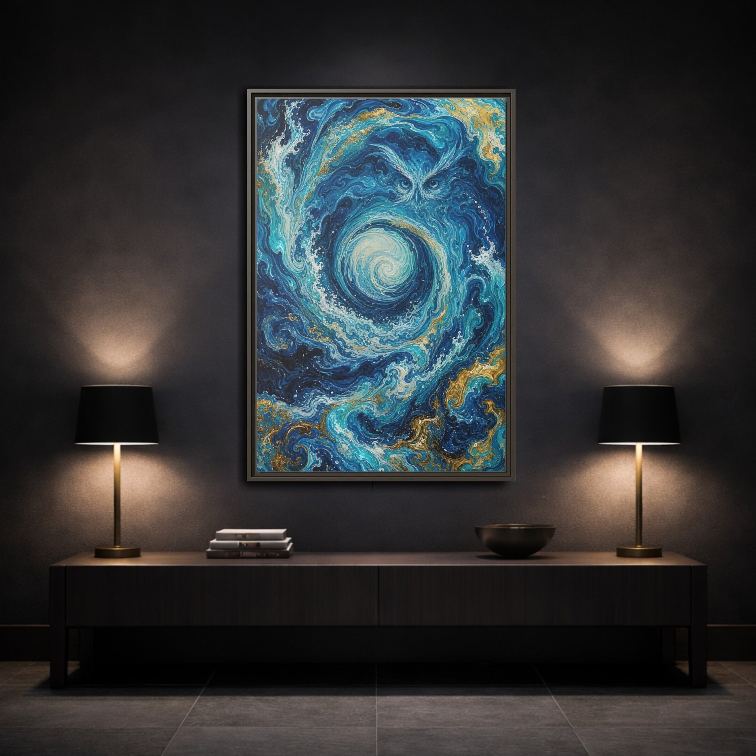 Mockup 3. Nature Mystical Owl Blue And Gold Owl shown as stretched canvas wall art