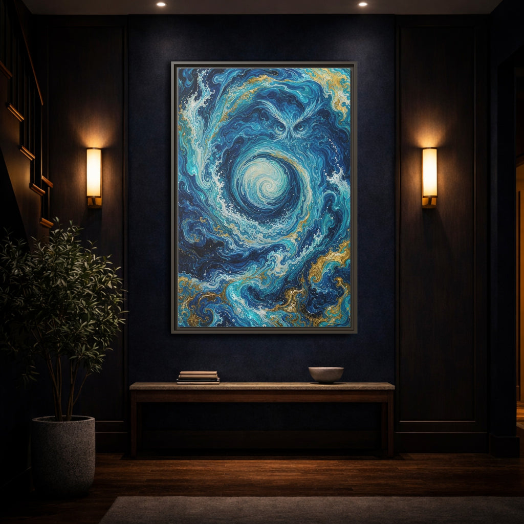 Mockup 4. Nature Mystical Owl Blue And Gold Owl shown as stretched canvas wall art