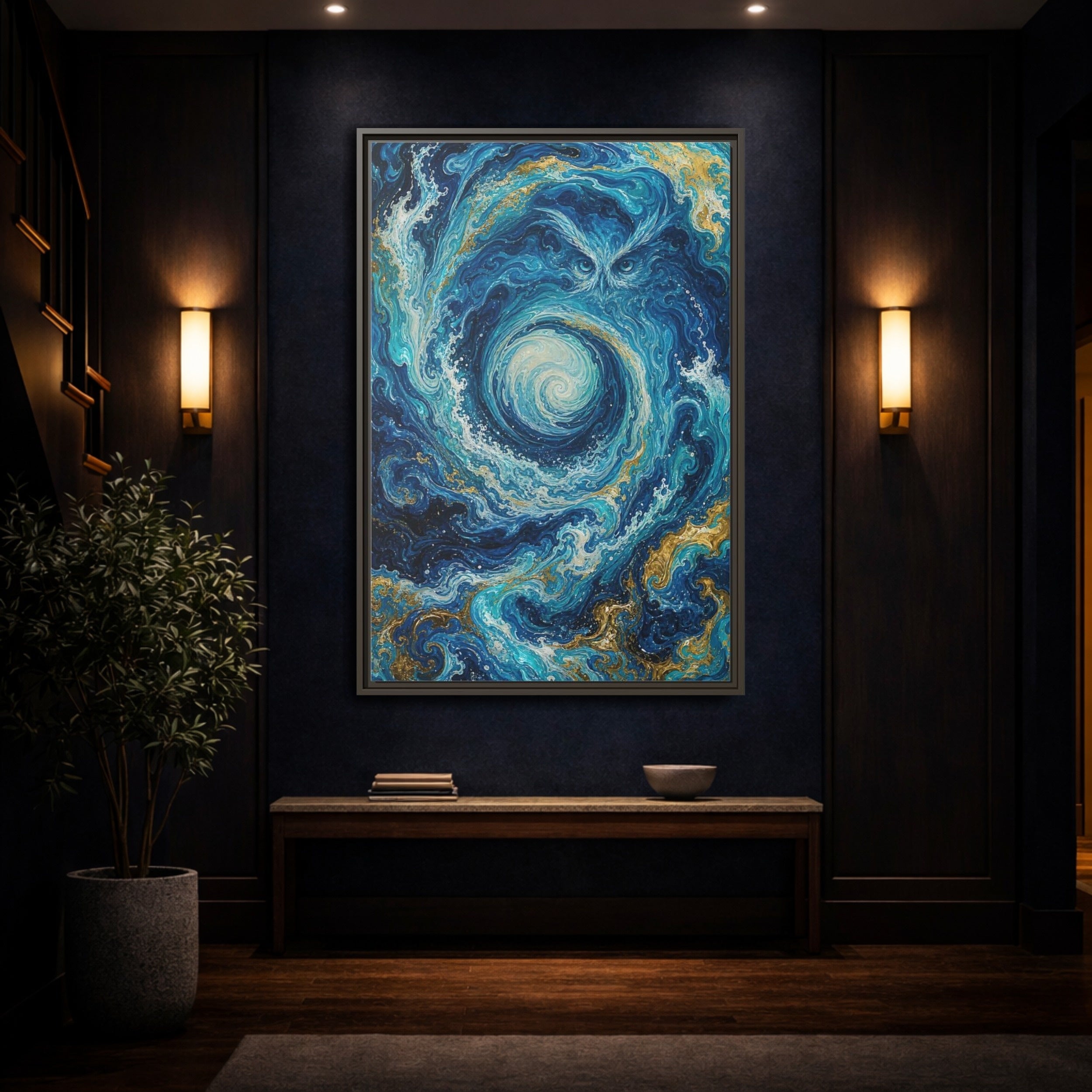 Mockup 4. Nature Mystical Owl Blue And Gold Owl shown as stretched canvas wall art