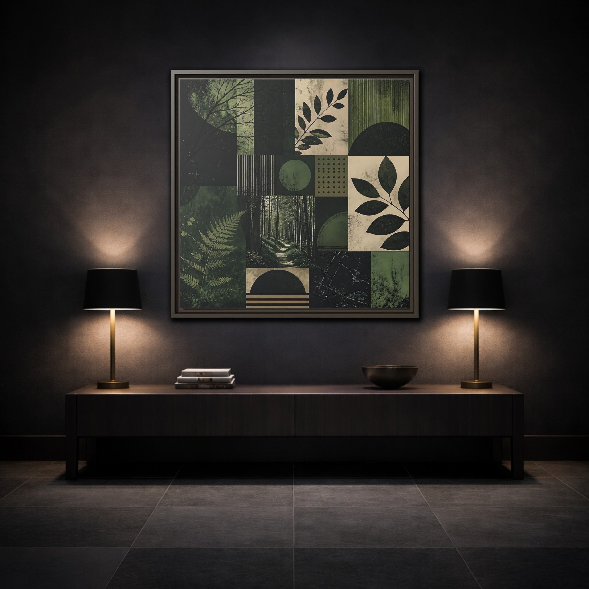 Mockup 3. Nature Nature Collage Green And Black shown as stretched canvas wall art