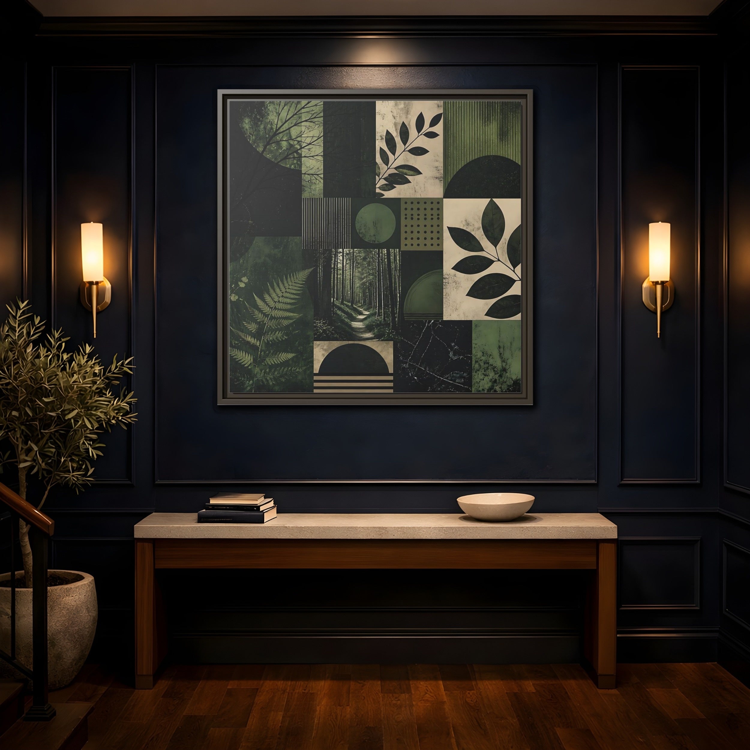 Mockup 4. Nature Nature Collage Green And Black shown as stretched canvas wall art