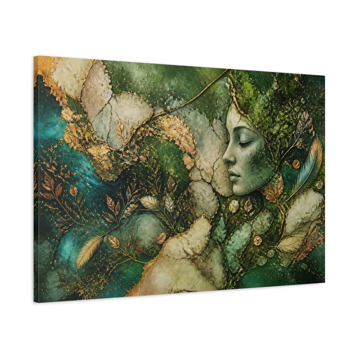 Main Mockup. Nature Nature Goddess Green And Gold Goddess shown as stretched canvas wall art