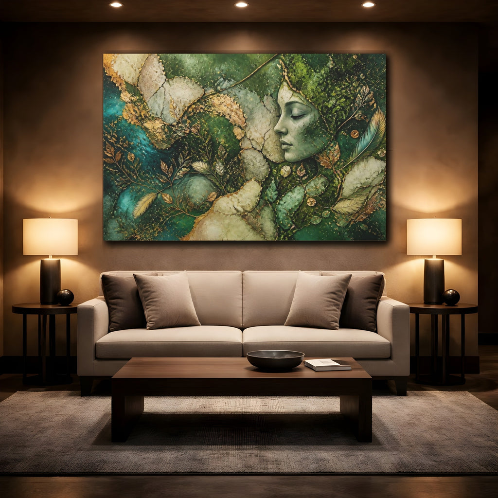 Mockup 2. Nature Nature Goddess Green And Gold Goddess shown as stretched canvas wall art