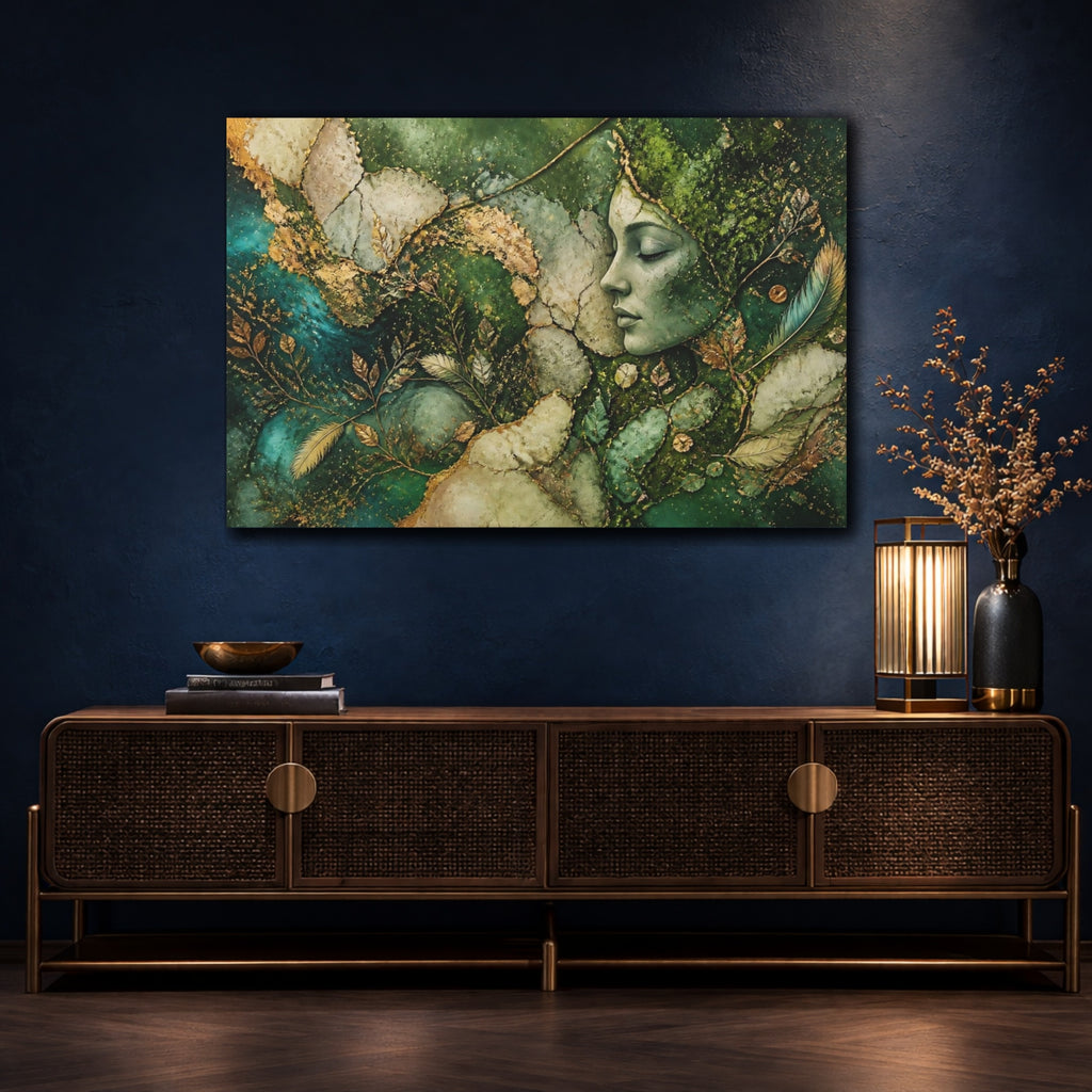 Mockup 4. Nature Nature Goddess Green And Gold Goddess shown as stretched canvas wall art