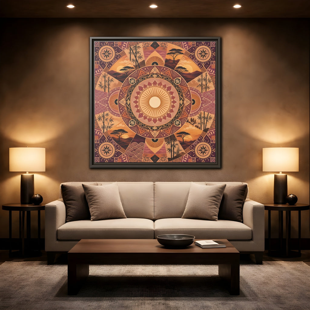 Mockup 2. Nature Nature Mandala Bohemian Sunset Mandala shown as stretched canvas wall art