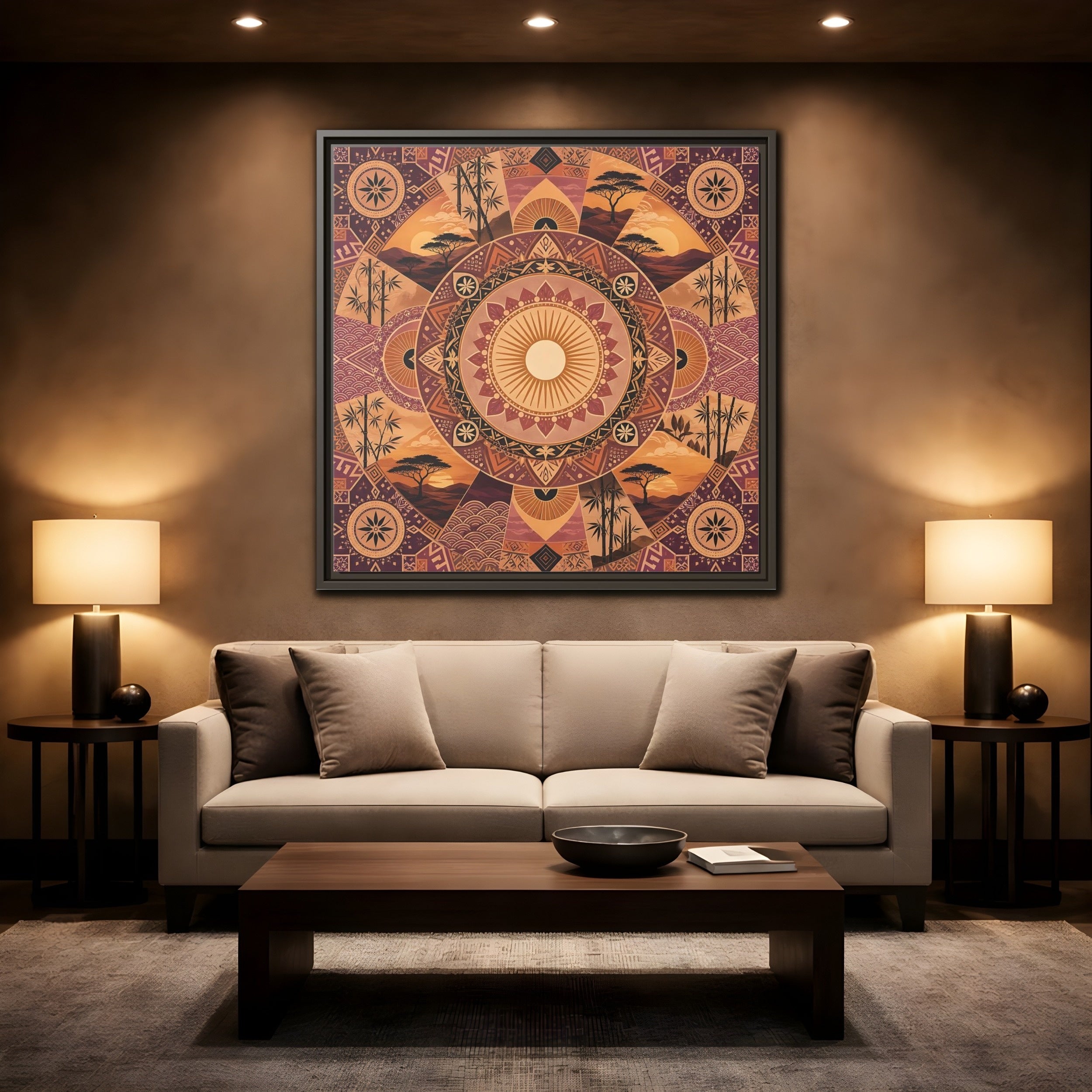Mockup 2. Nature Nature Mandala Bohemian Sunset Mandala shown as stretched canvas wall art