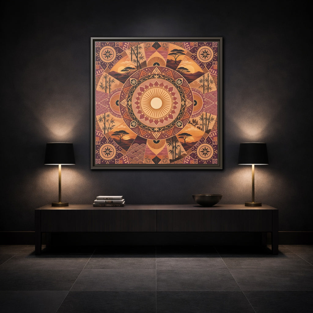Mockup 3. Nature Nature Mandala Bohemian Sunset Mandala shown as stretched canvas wall art