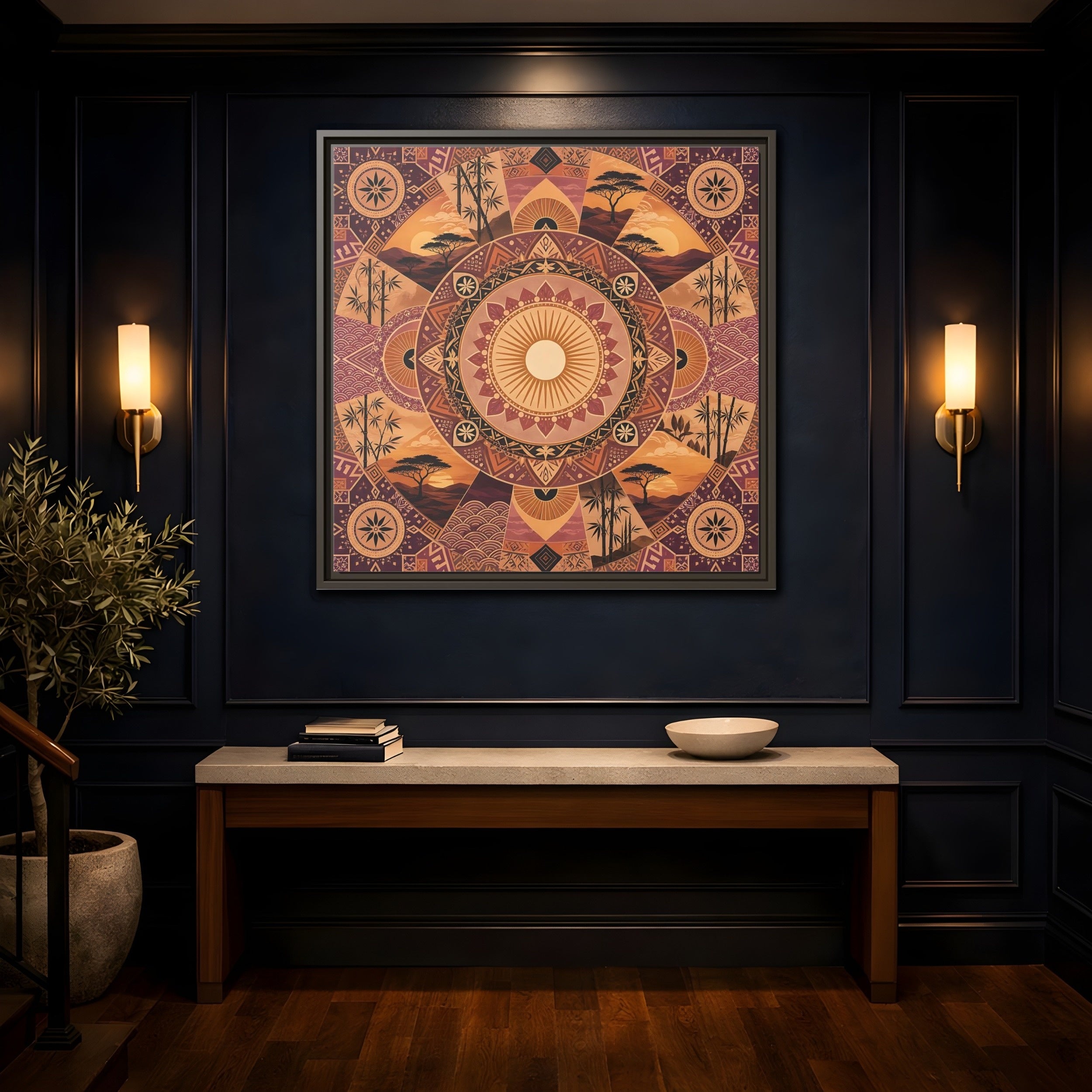 Mockup 4. Nature Nature Mandala Bohemian Sunset Mandala shown as stretched canvas wall art