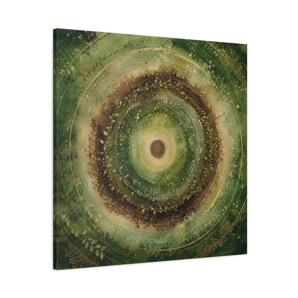 Main Mockup. Nature Nature Mandala Green Brown Gold shown as stretched canvas wall art