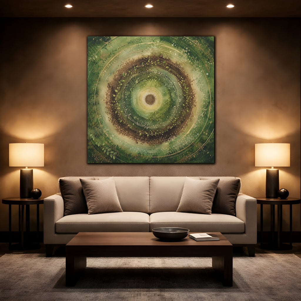 Mockup 2. Nature Nature Mandala Green Brown Gold shown as stretched canvas wall art