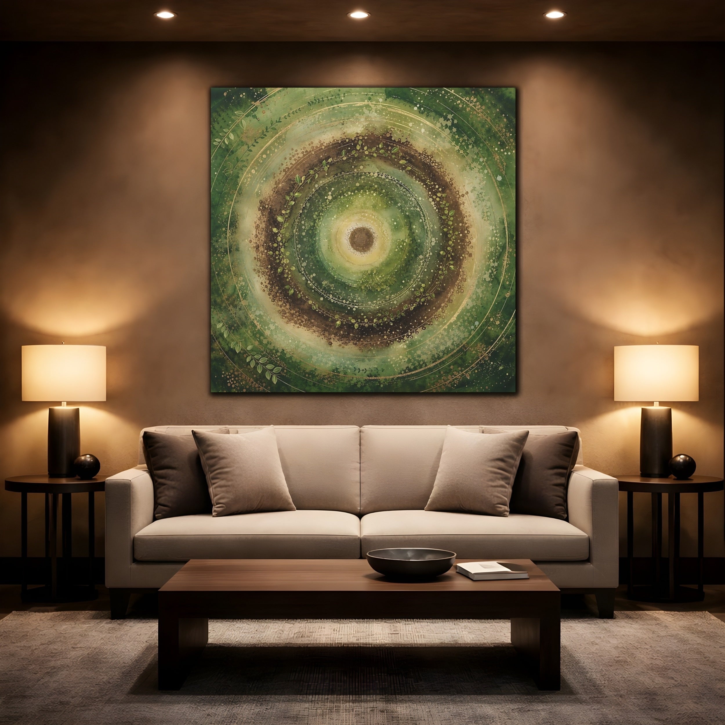 Mockup 2. Nature Nature Mandala Green Brown Gold shown as stretched canvas wall art