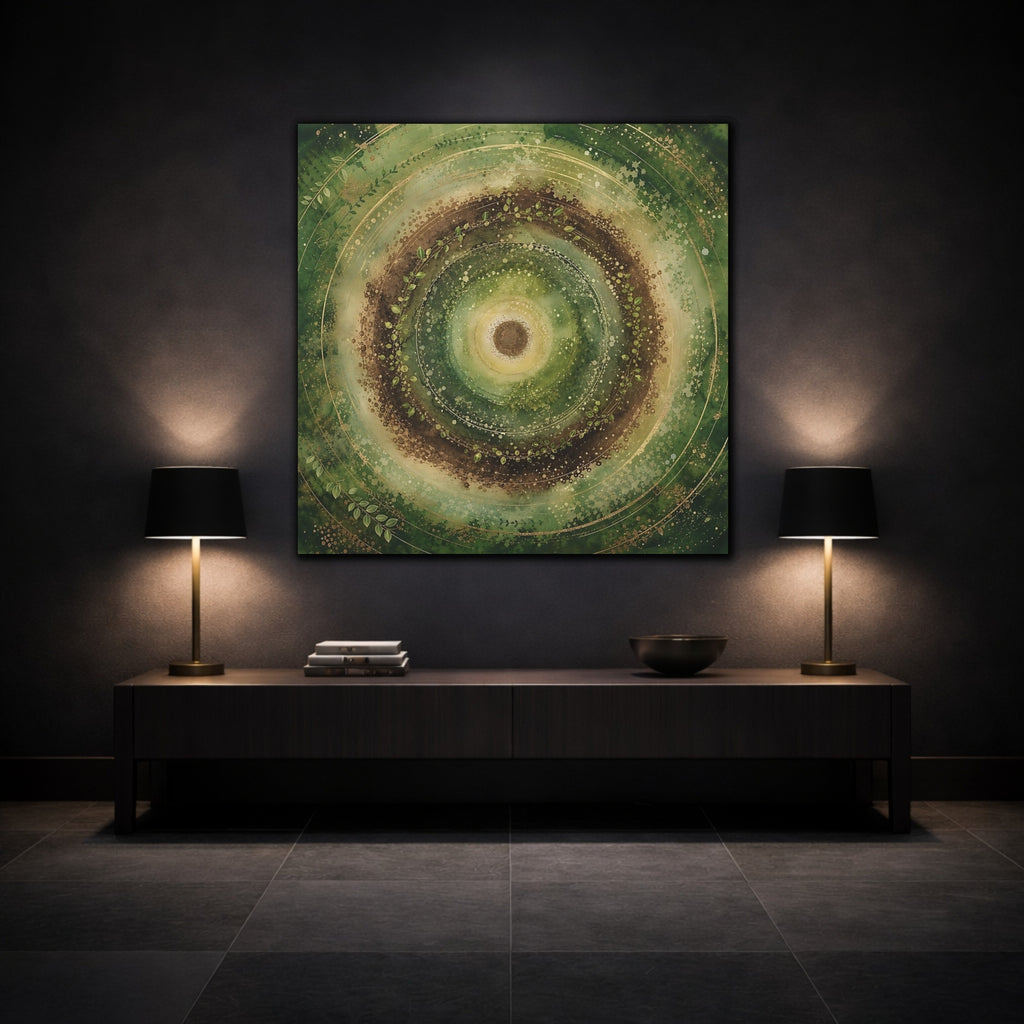 Mockup 3. Nature Nature Mandala Green Brown Gold shown as stretched canvas wall art
