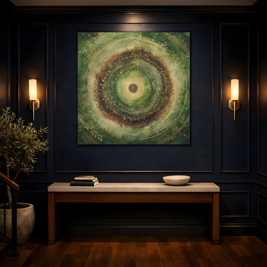 Mockup 4. Nature Nature Mandala Green Brown Gold shown as stretched canvas wall art