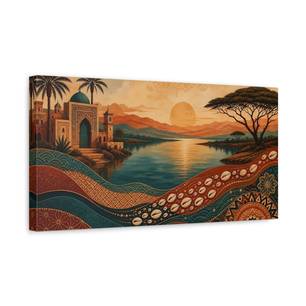 Side Mockup 3. Nature Oasis Landscape Orange Teal Landscape shown as stretched canvas wall art