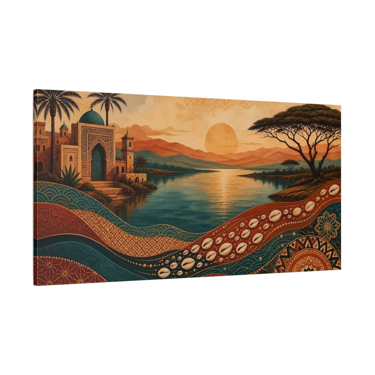 Side Mockup 2. Nature Oasis Landscape Orange Teal Landscape shown as stretched canvas wall art