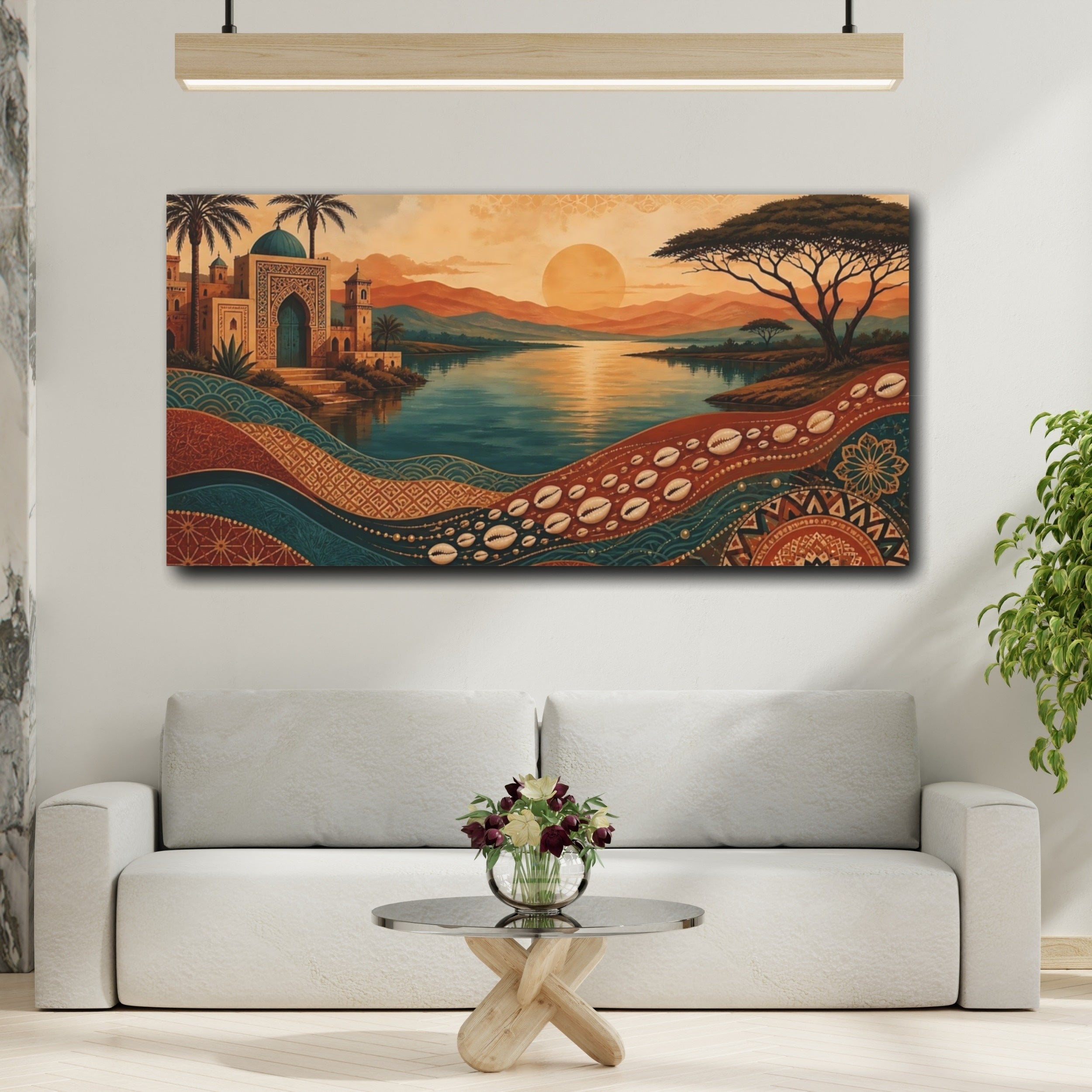 Mockup 2. Nature Oasis Landscape Orange Teal Landscape shown as stretched canvas wall art