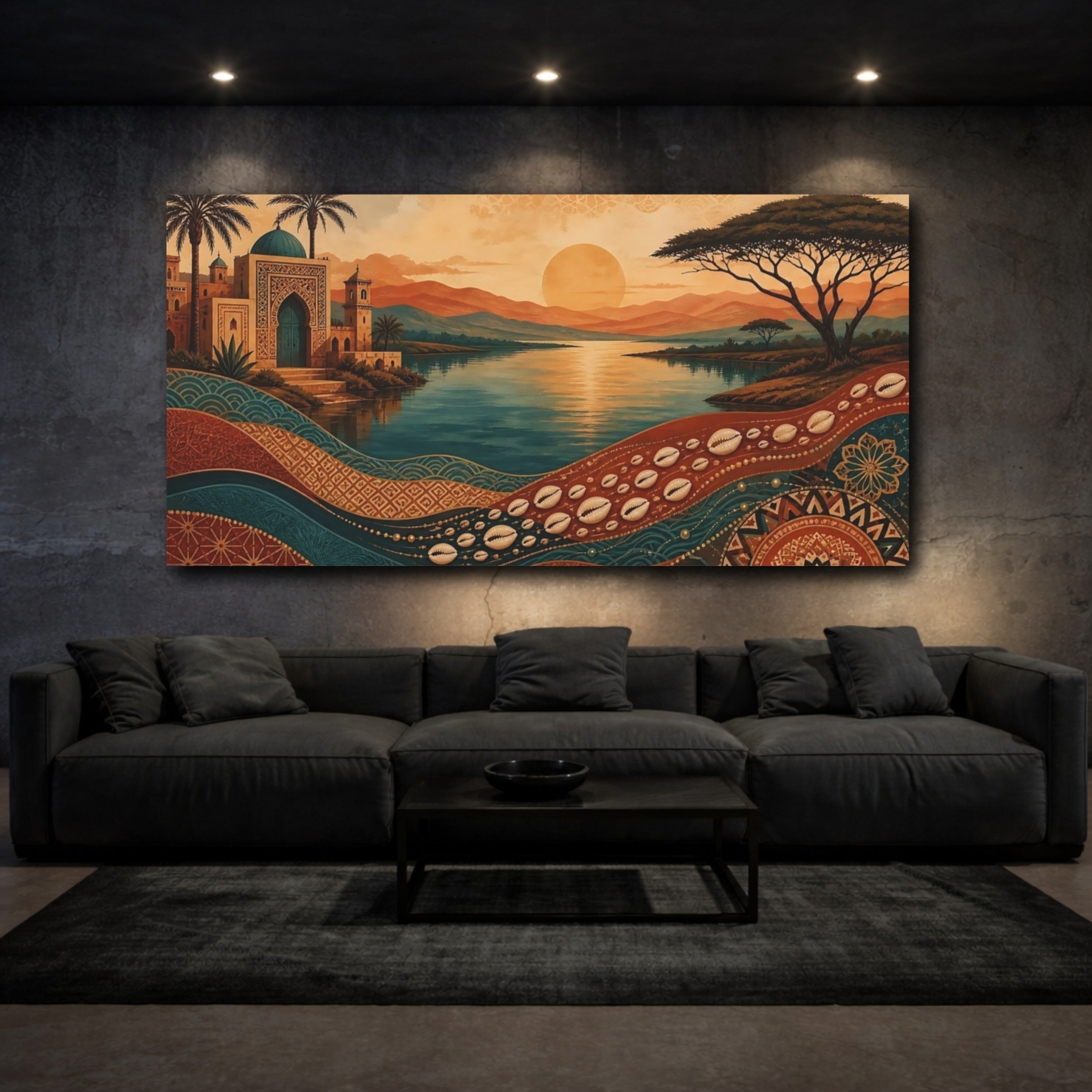 Mockup 3. Nature Oasis Landscape Orange Teal Landscape shown as stretched canvas wall art