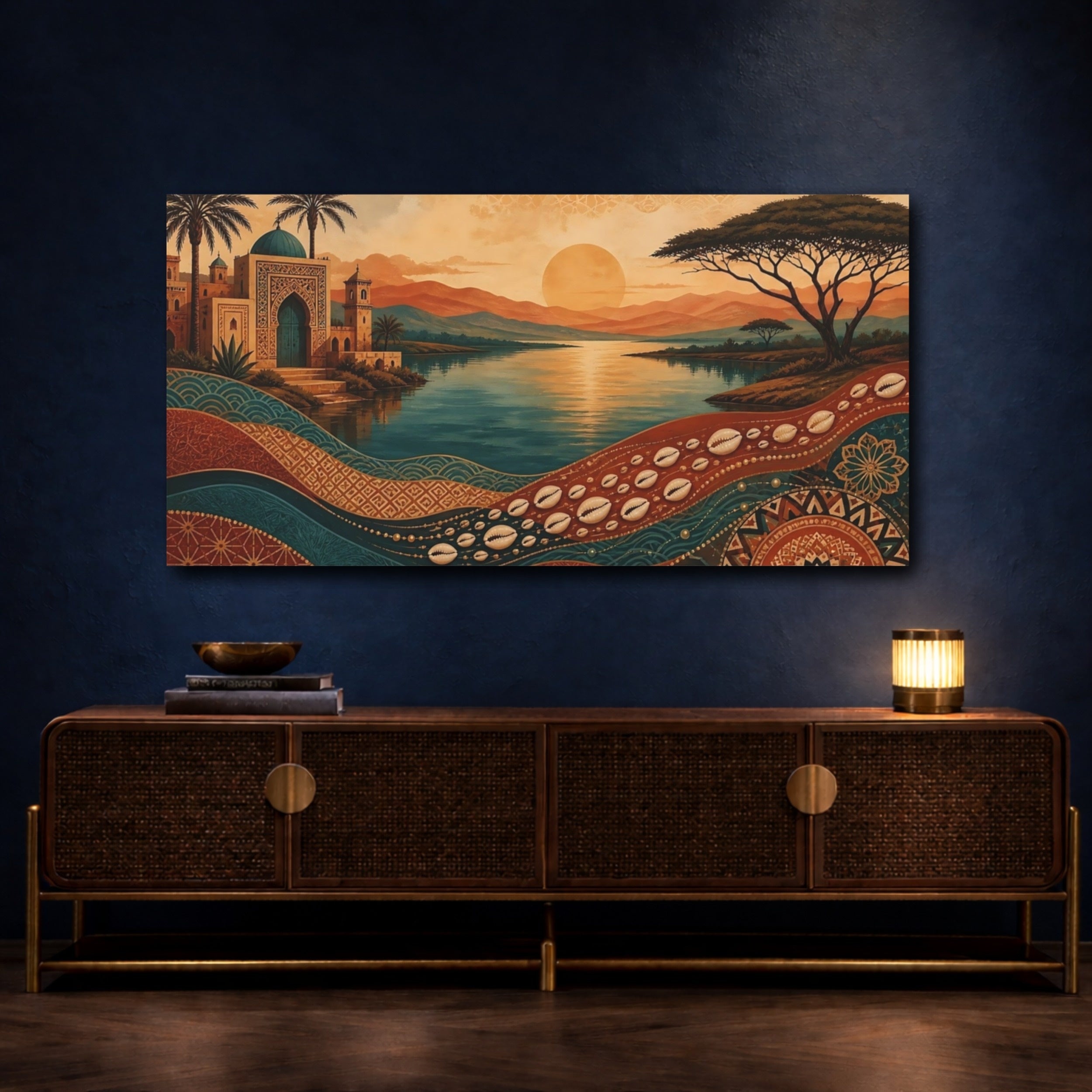 Mockup 4. Nature Oasis Landscape Orange Teal Landscape shown as stretched canvas wall art