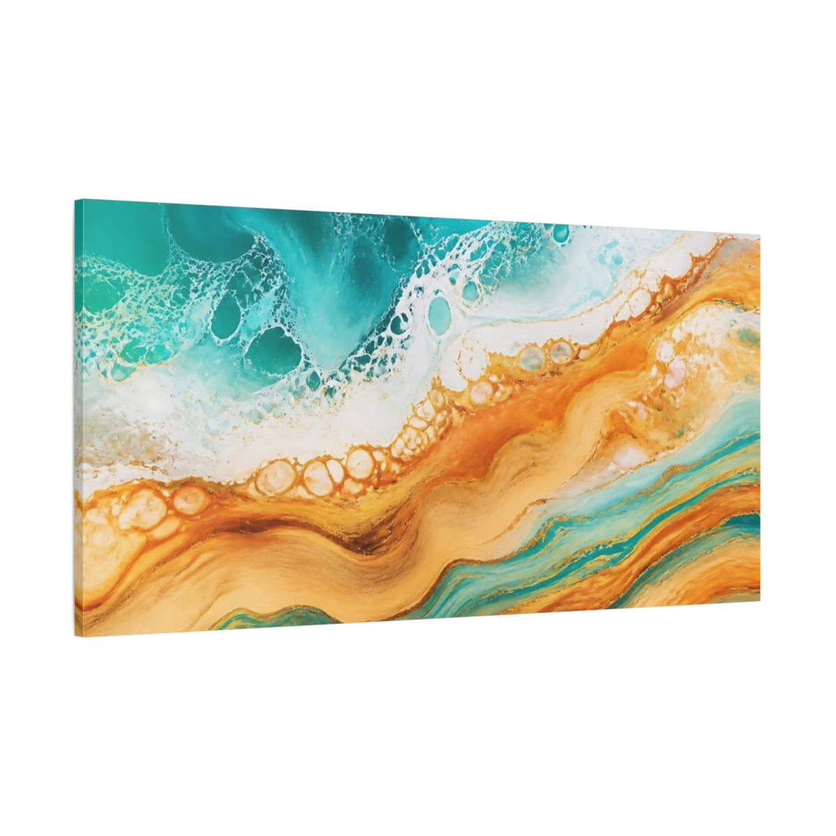 Side Mockup 2. Nature Ocean Abstract Teal And Gold shown as stretched canvas wall art
