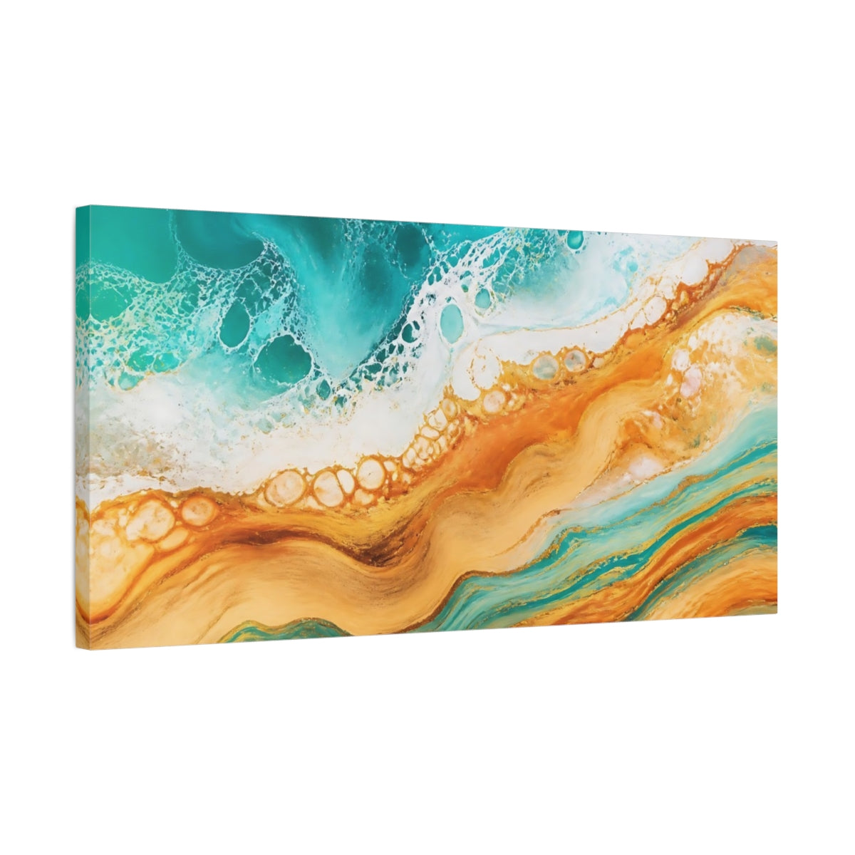 Side Mockup 1. Nature Ocean Abstract Teal And Gold shown as stretched canvas wall art