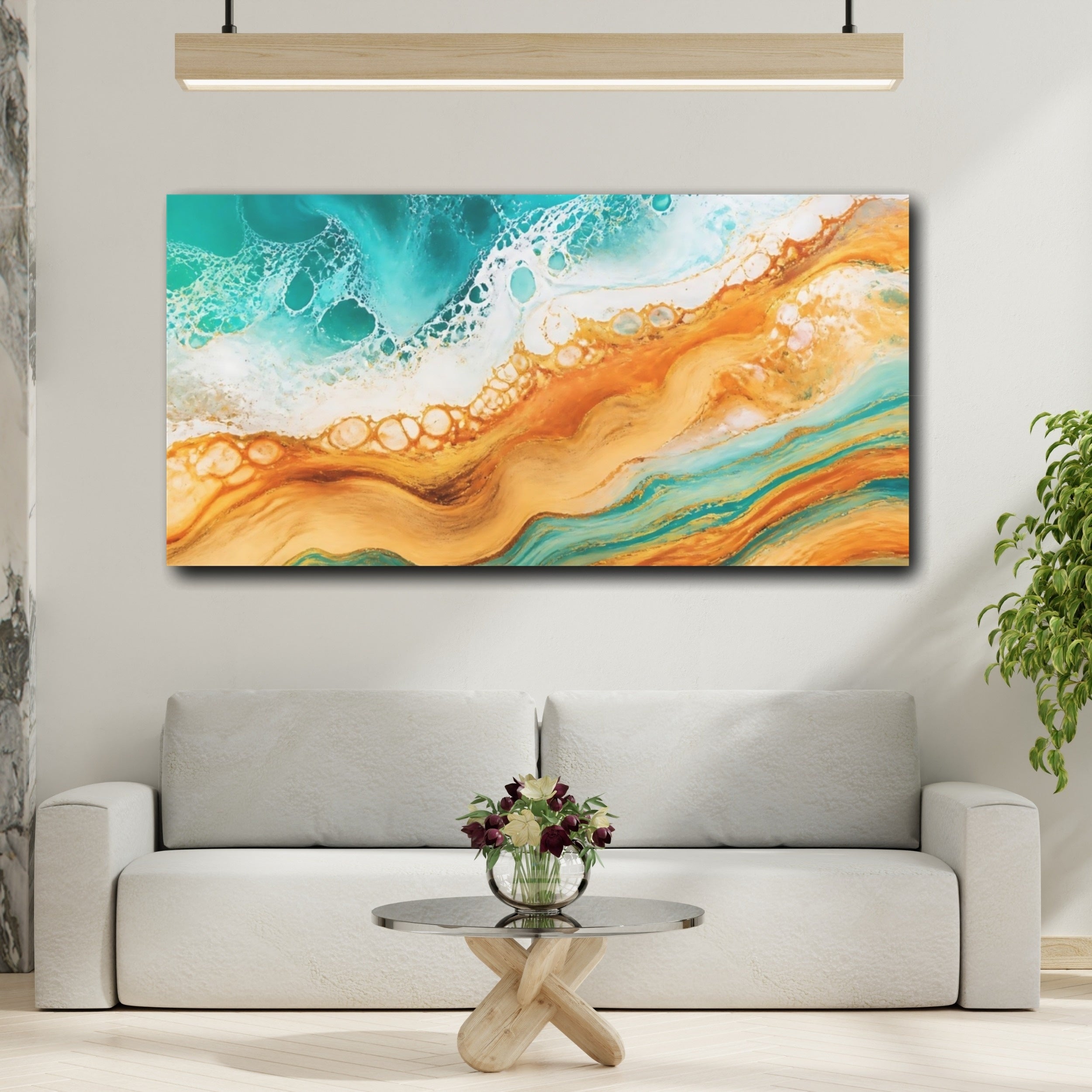 Mockup 2. Nature Ocean Abstract Teal And Gold shown as stretched canvas wall art